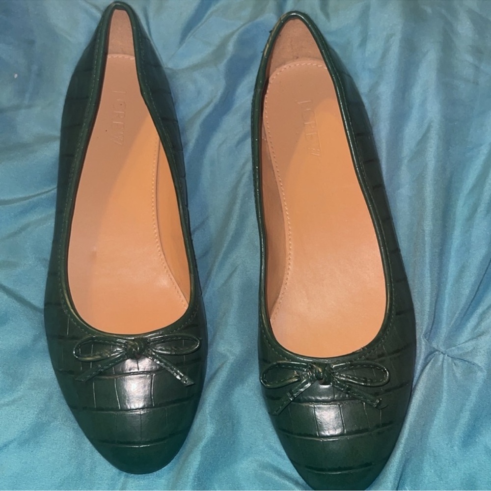 J. Crew Forest Green Loafers with Bow Accent